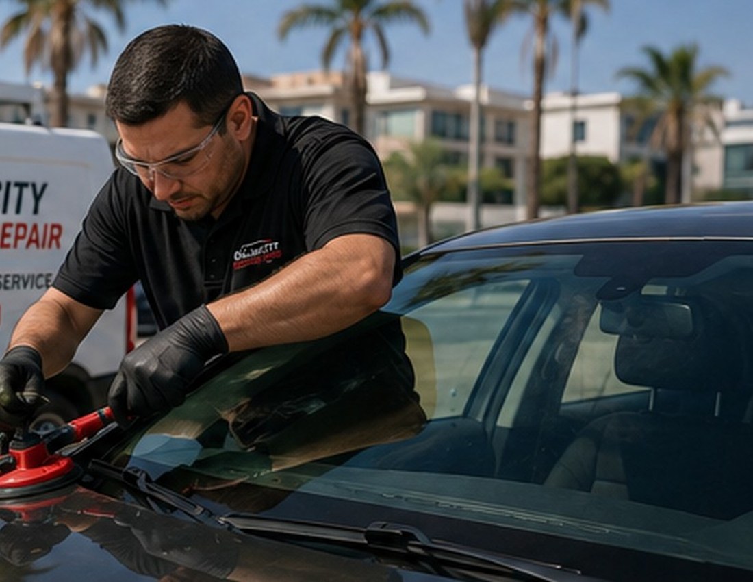 Technician performing windshield service